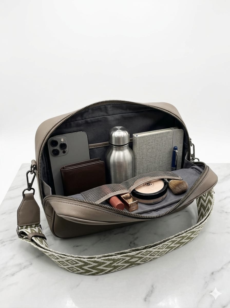 Elegant Taupe Sling Bag with Designer Strap