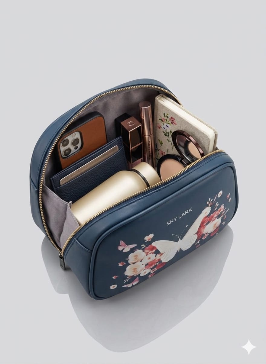 Butterfly Bloom Cosmetic Pouch – Navy Blue