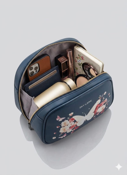 Butterfly Bloom Cosmetic Pouch – Navy Blue