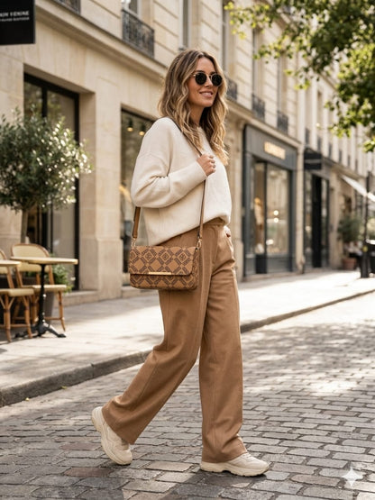 Elegant Beige Printed Flap Wallet Sling Bag