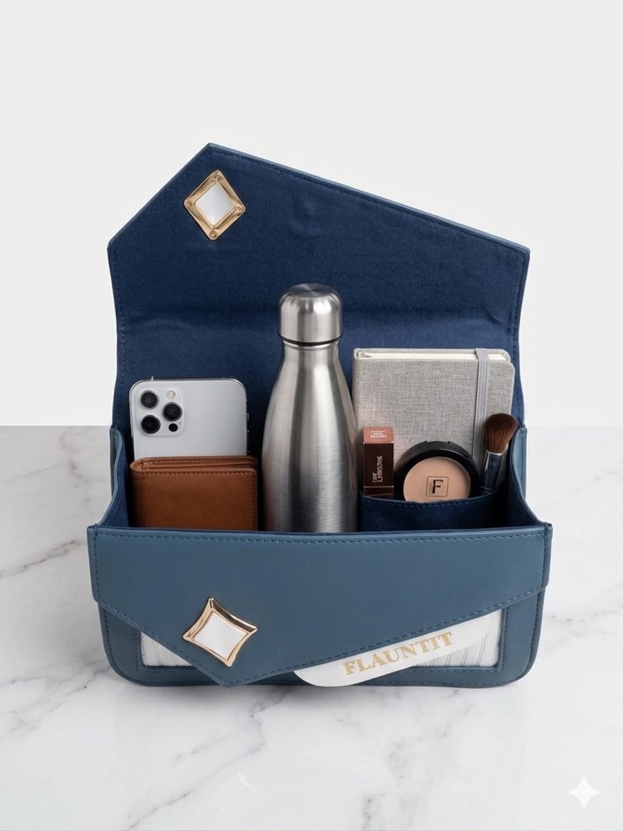 Flauntit Elegant Blue & White Mini Handbag