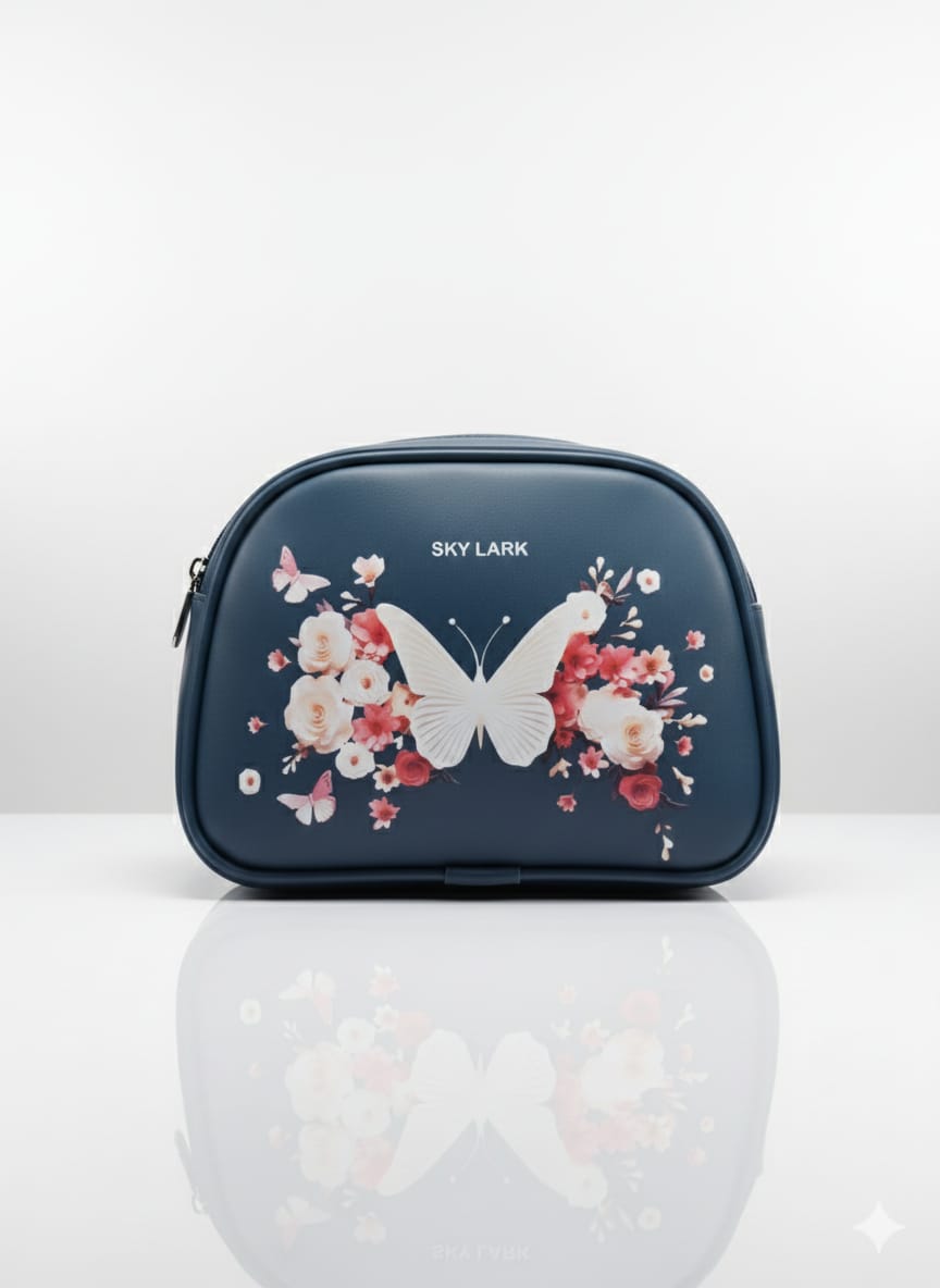 Butterfly Bloom Cosmetic Pouch – Navy Blue