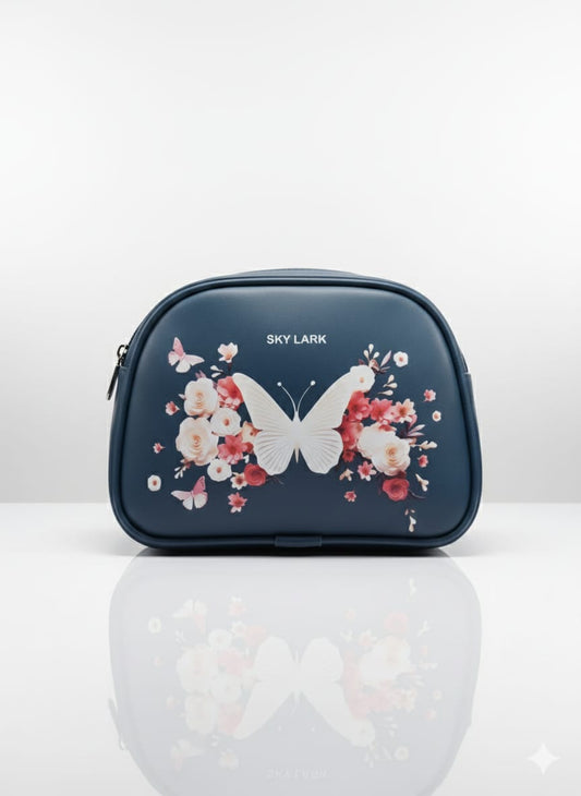 Butterfly Bloom Cosmetic Pouch – Navy Blue
