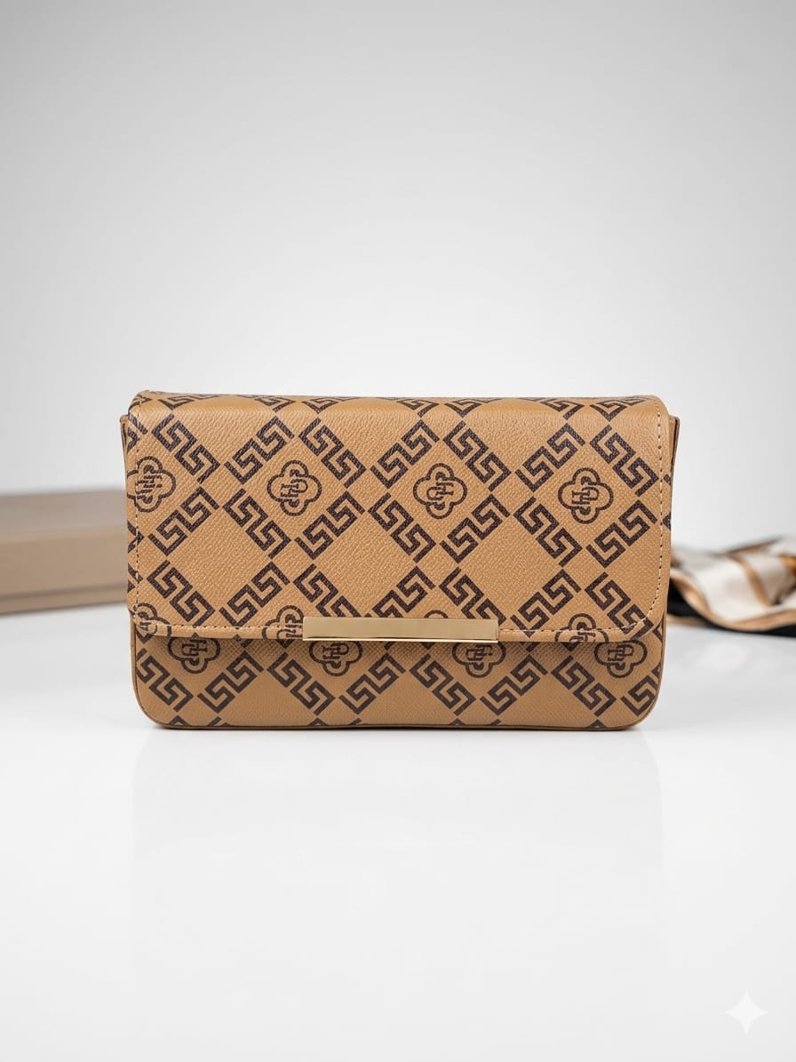 Elegant Beige Printed Flap Wallet Sling Bag